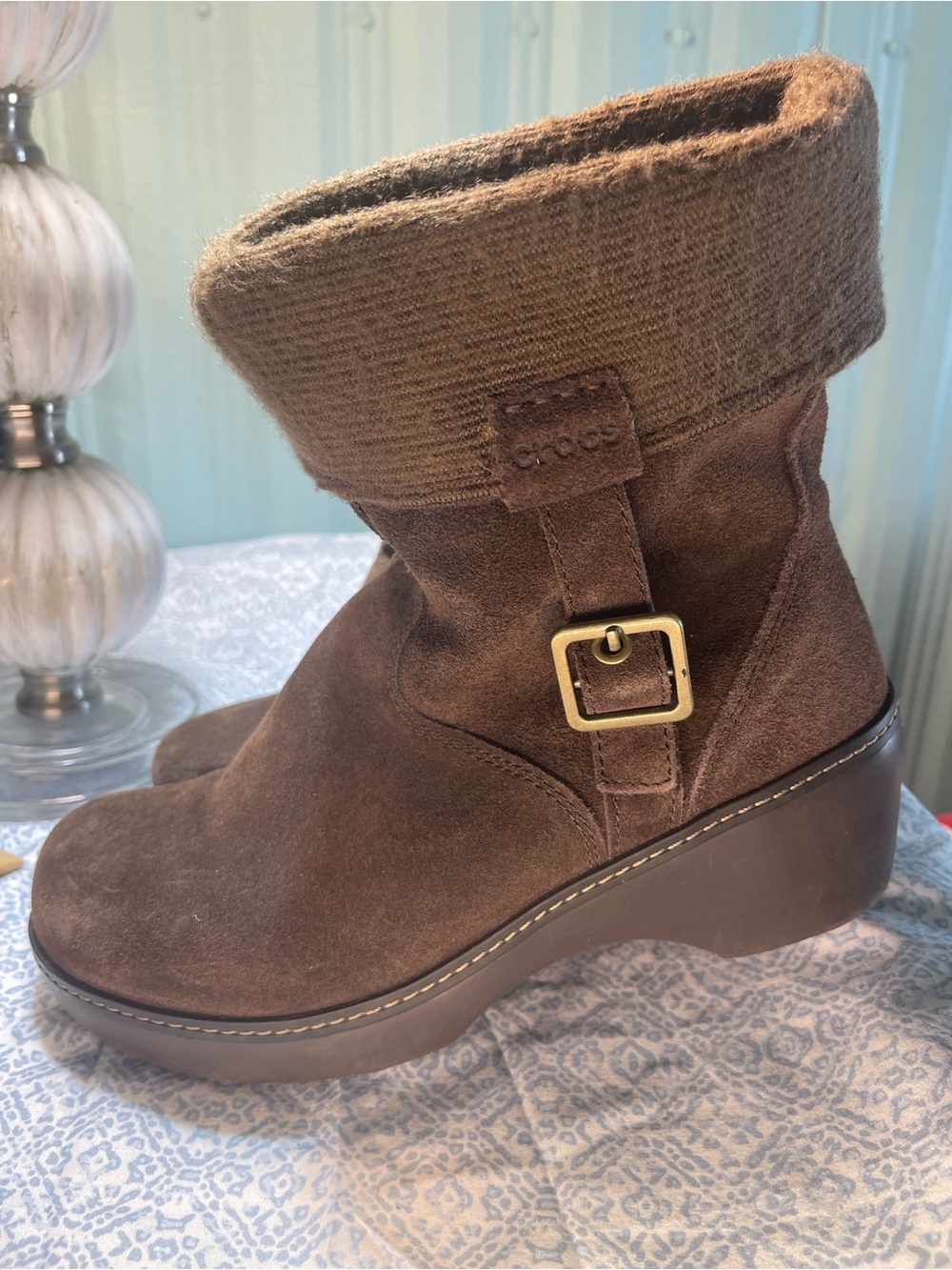 CROCS Brown Suede Wedge Ankle Boots with Knit Cuff
